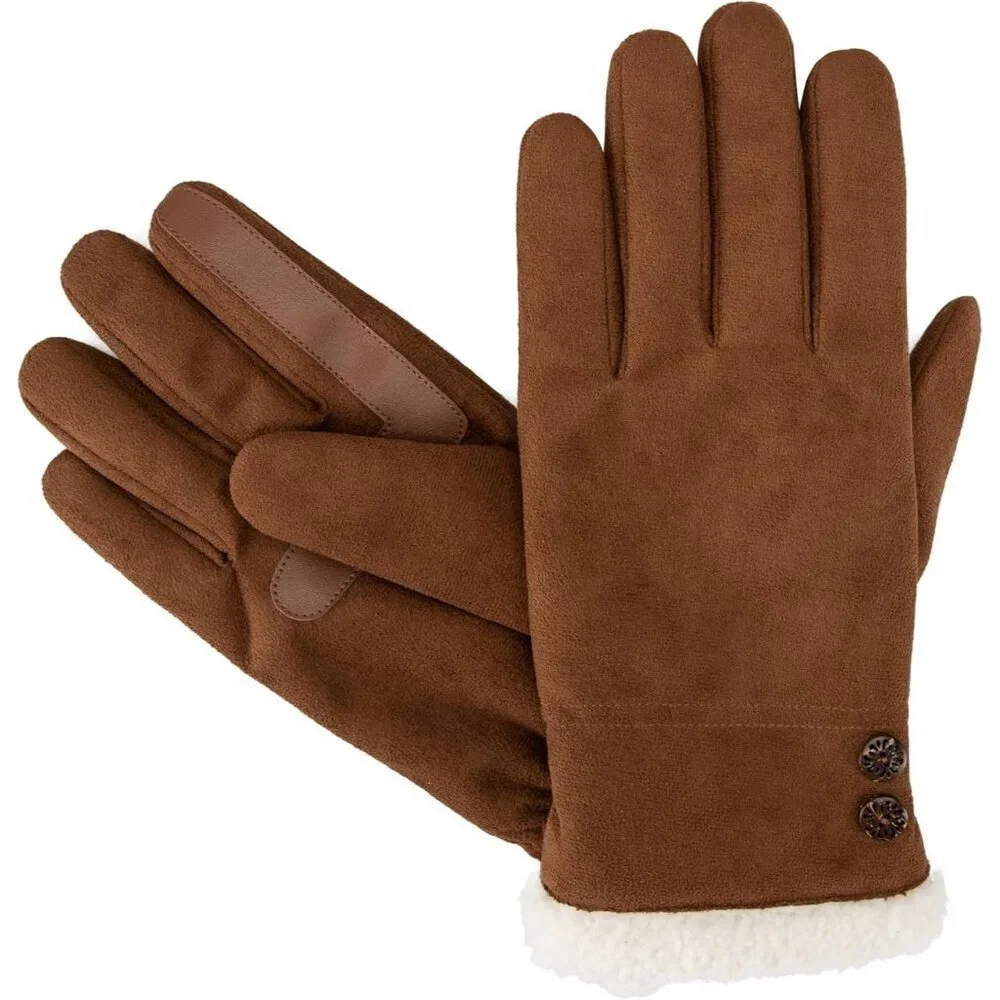 Women's Cogance Water Repellent Microsuede Gloves Sherpa Lined Button Detail